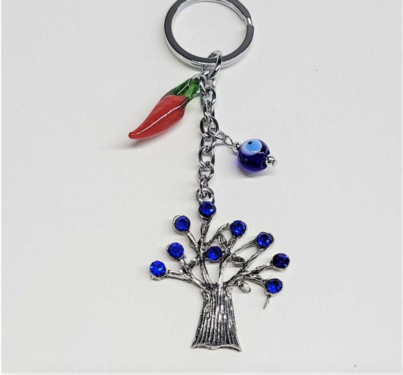 Evil Eye Red Hot Chili Pepper Tree of Life Keychain - Sacred Crystals Evil Eye