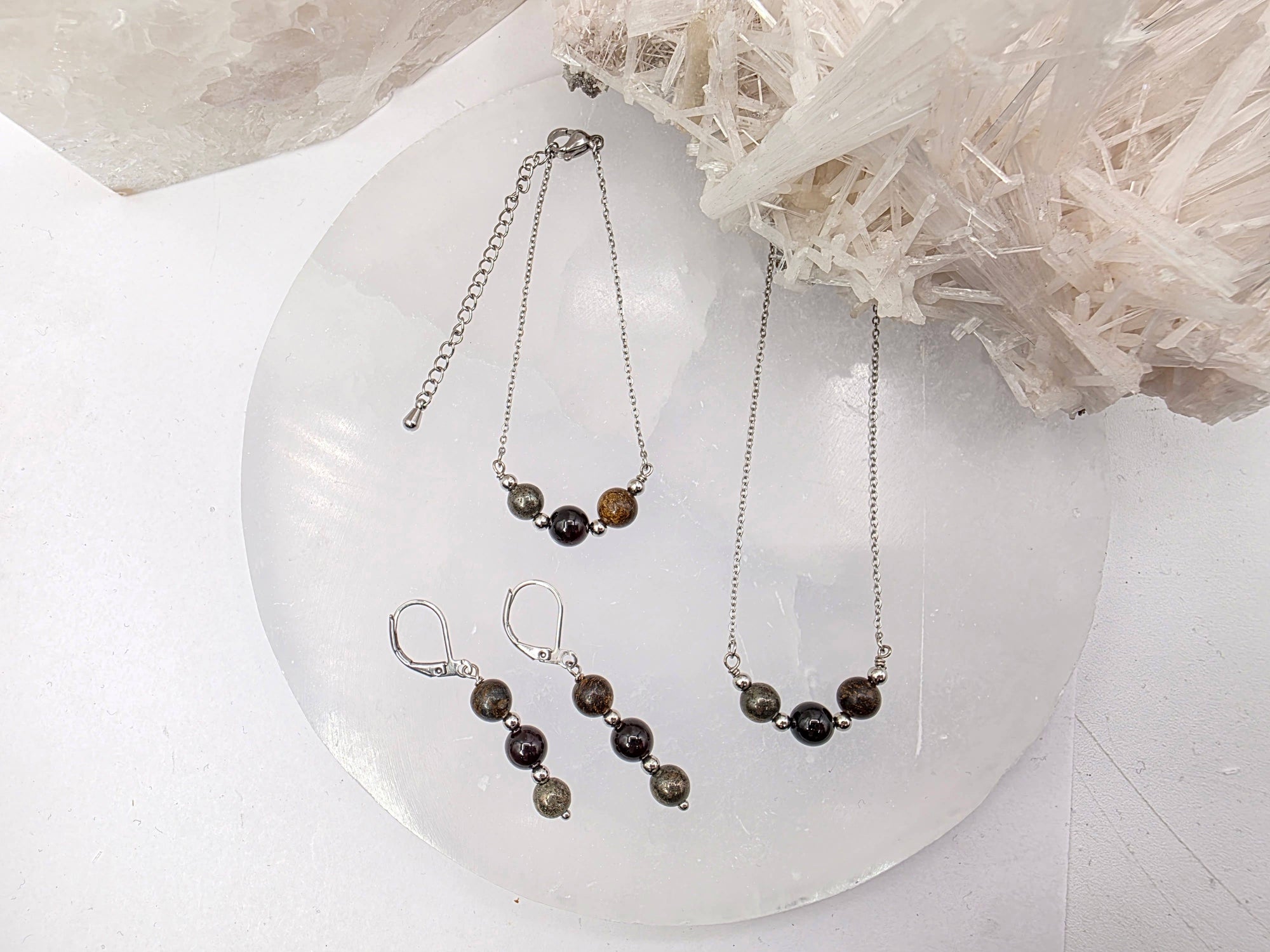 STAY IN MY POWER - Pyrite, Bronzite, Garnet Jewelry Set