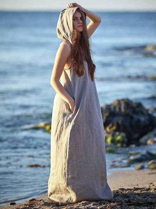 Original Simple Loose Gray Hooded Maxi Dress