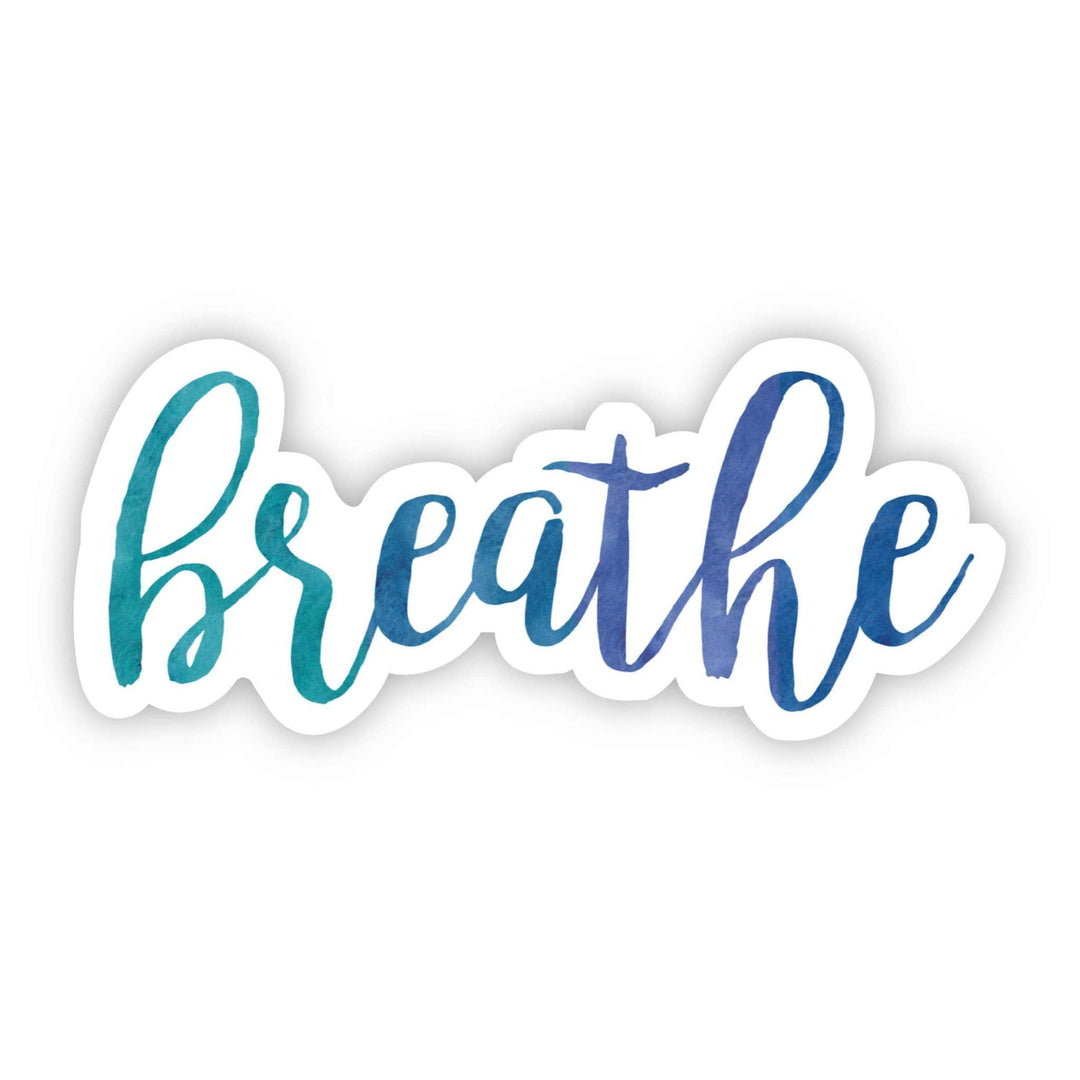 Breathe cursive sticker in blue and green gradient, waterproof and weatherproof vinyl decal for decoration