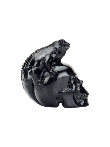 Obsidian Skull with Lizard Carving | Volcanic Glass Sculpture