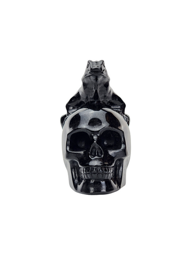 Obsidian Skull with Lizard Carving | Volcanic Glass Sculpture