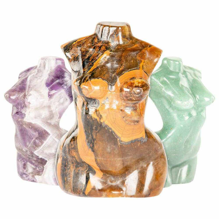Crystal gemstone goddess statues carved from Tiger Eye, Amethyst, and Green Aventurine representing divine femininity and spiritual empowerment.
