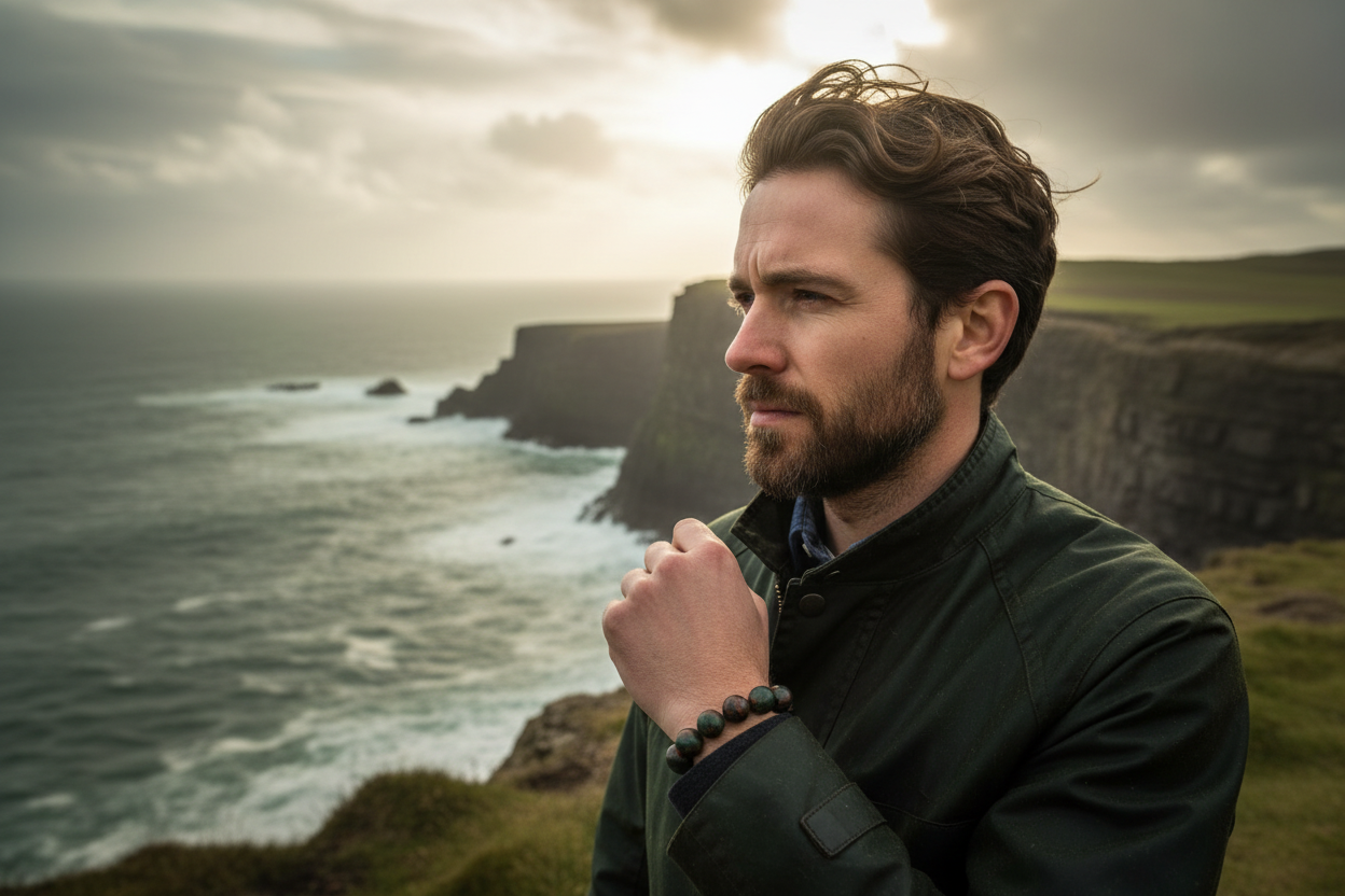 Bloodstone bracelet hero - Irish man on dramatic coastal cliff