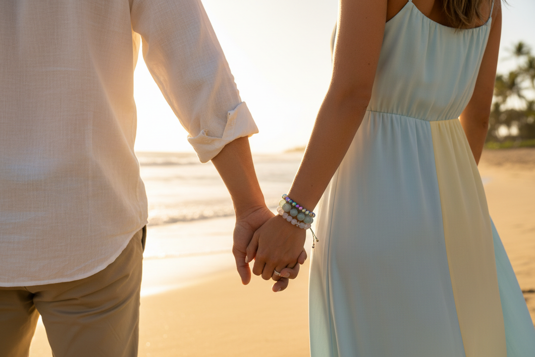 Couple on beach, woman wearing Mermaid Rainbow Glass stacked with Aquamarine and Rainbow Moonstone