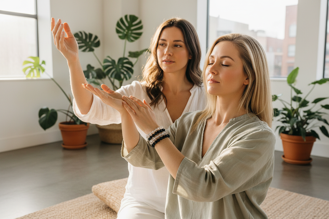 Two women in breathwork studio one guiding the other, Serpentine stacked with Clear Quartz and Black Tourmaline