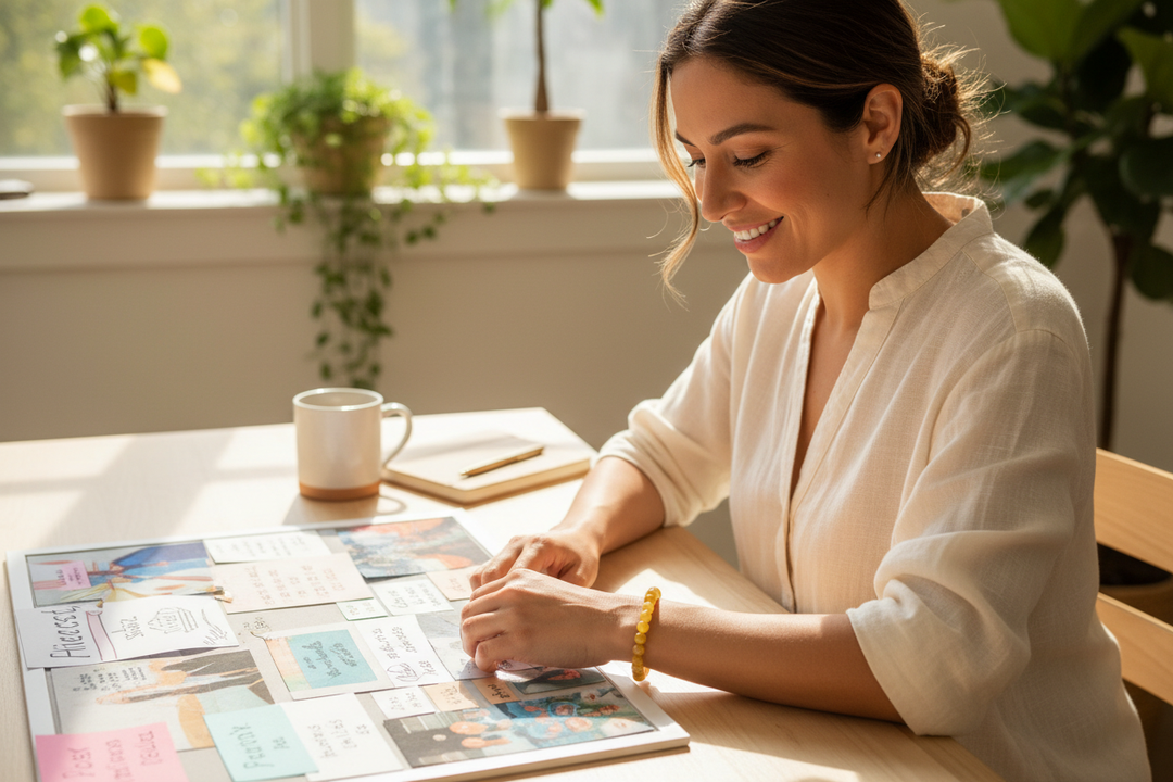 Latina woman at bright workspace smiling with grounded joy at what she is building wearing warm golden-yellow Jade bracelet