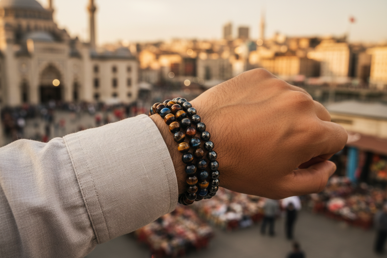 Multi-Color Tiger Eye bracelet stacked with Hematite on Turkish skin in Istanbul city setting