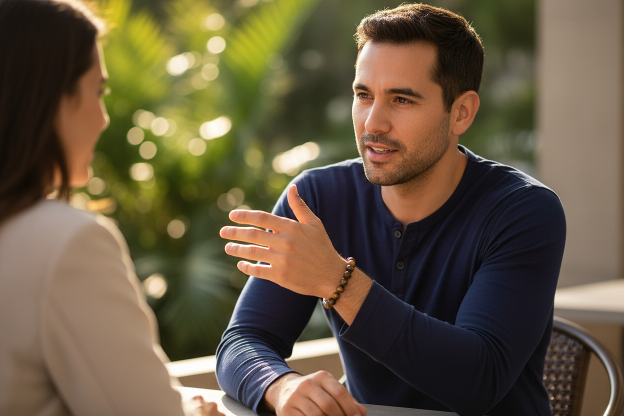 Tiger Eye bracelet lifestyle - Latino man in conversation at outdoor café