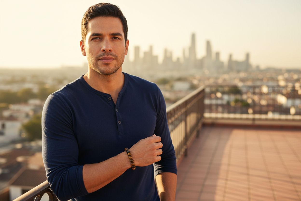Tiger Eye bracelet hero - Latino man on sunlit rooftop terrace