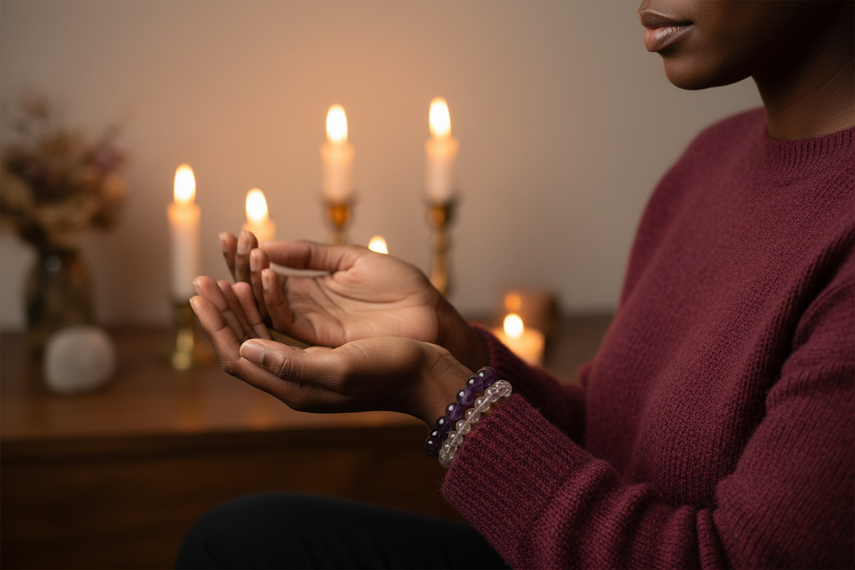 Amethyst stacked with Clear Quartz - Black woman at candlelit altar space