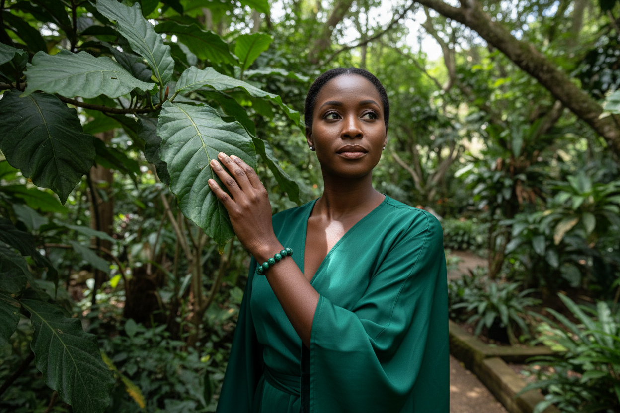 Malachite bracelet hero lifestyle shot - woman in botanical garden