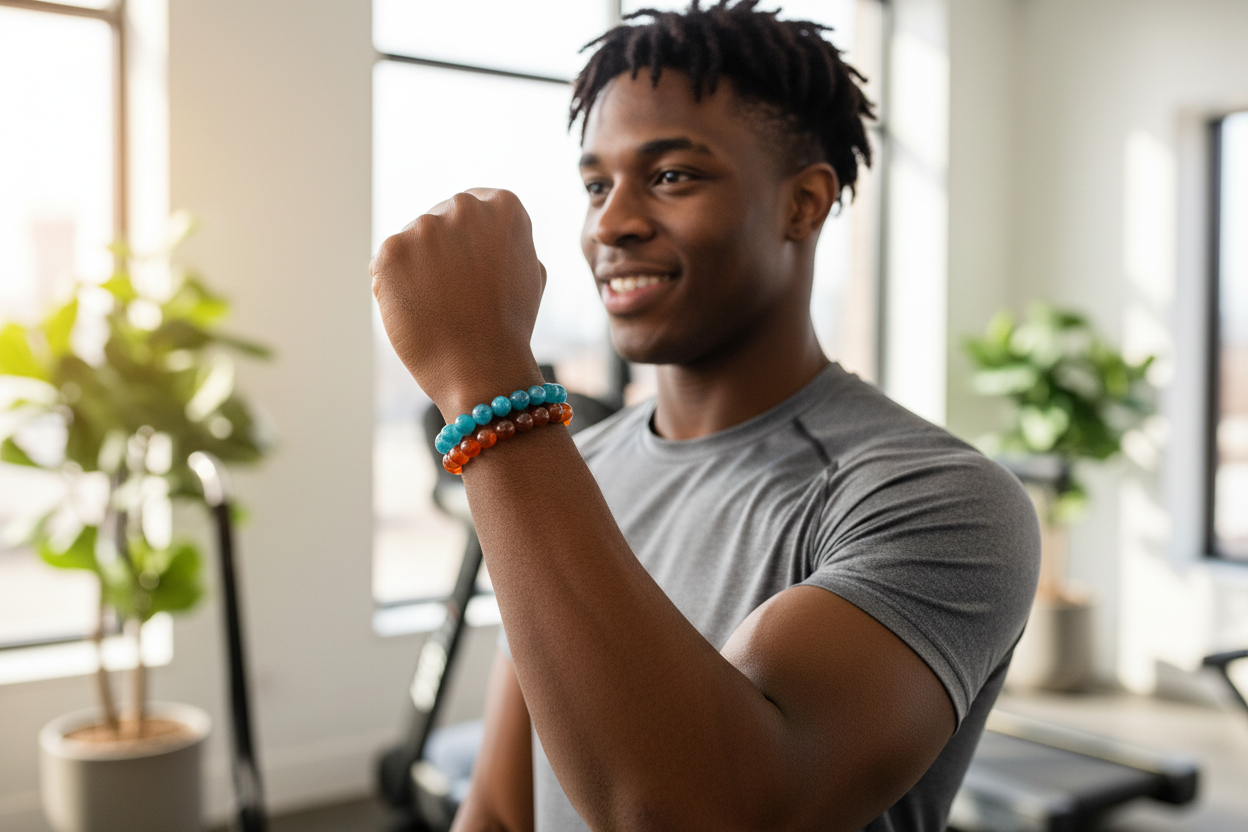 Apatite stacked with Carnelian - young Black man celebrating after workout, refined 8mm beads