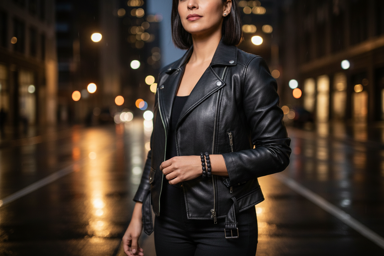Black Obsidian stacked with Black Tourmaline - Mexican woman walking urban street at night