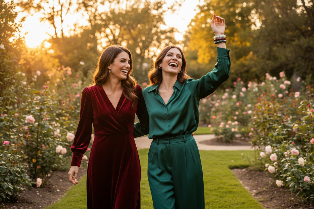 Two women laughing in golden hour garden, Ruby Zoisite stacked with Garnet and Green Aventurine