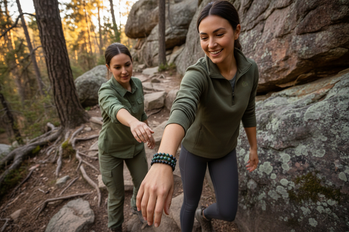 Two women on rugged trail one reaching back to help, Dragon Blood Jasper stacked with Bloodstone and Black Tourmaline