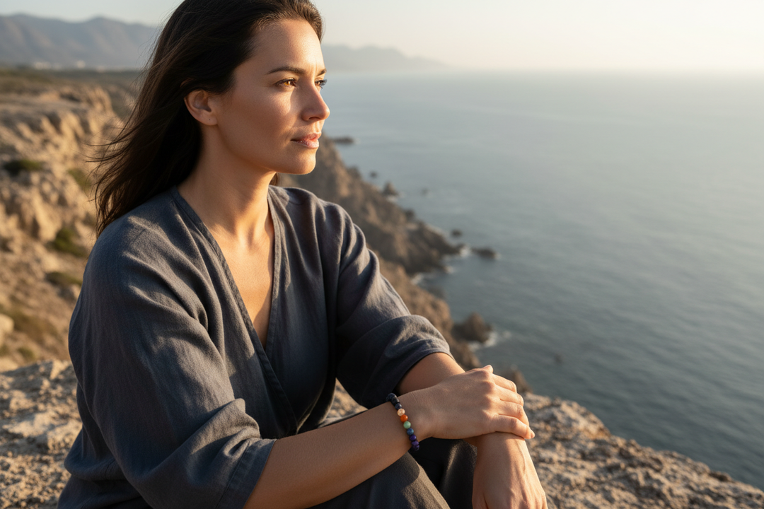 Woman on rocky coastal cliff with quiet strength wearing Lava Chakra bracelet with rainbow beads