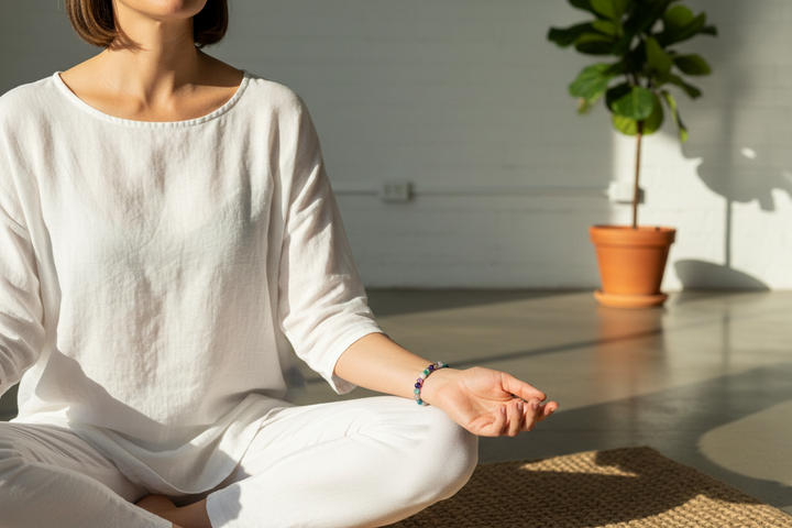 Woman in alert meditative posture wearing Fluorite Chakra bracelet with rainbow beads