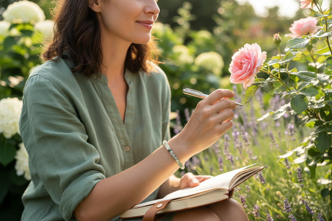 Woman journaling in sunlit garden wearing Green Phantom Quartz bracelet with layered green inclusions