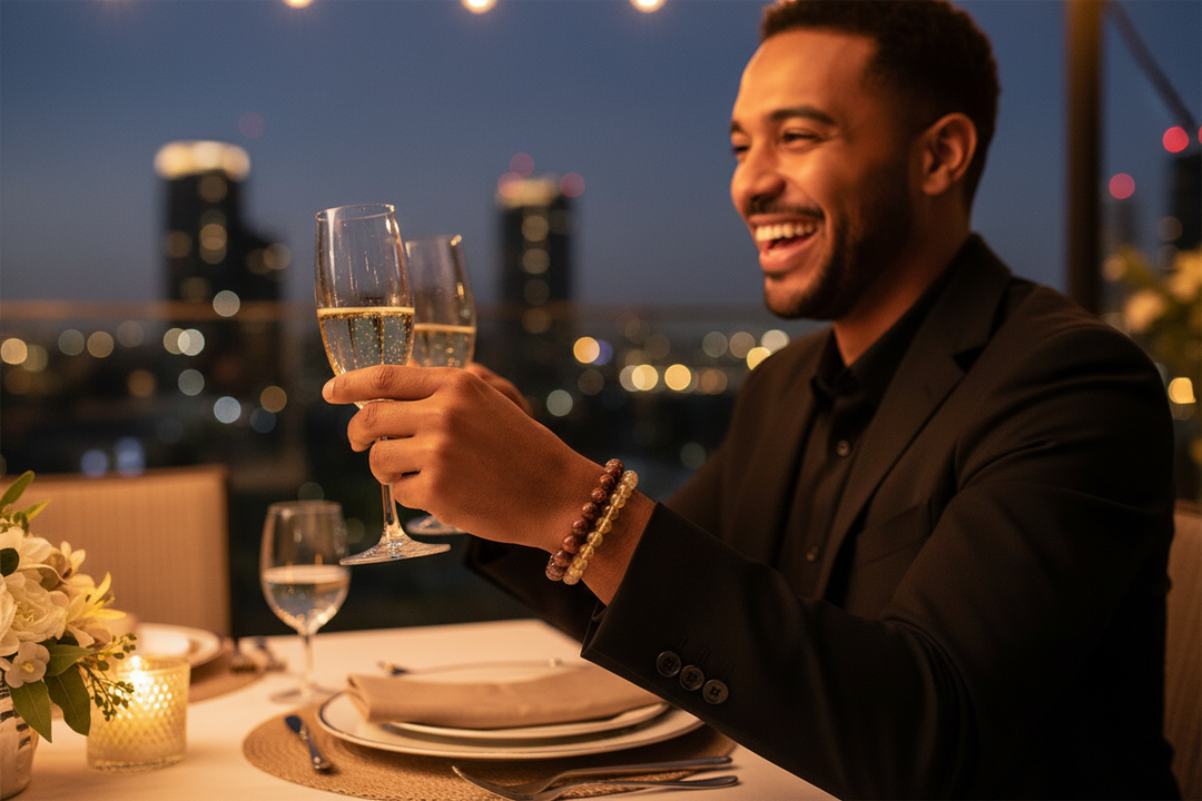 Goldstone stacked with Citrine - mixed-race man toasting at rooftop dinner, rust-red sparkle catching light