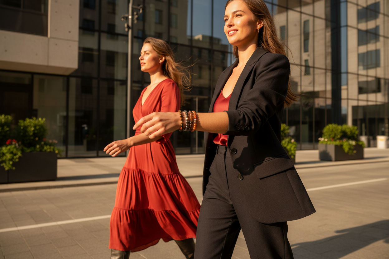 Two women striding through bright city with full conviction, Red Tiger's Eye stacked with Carnelian and Hematite