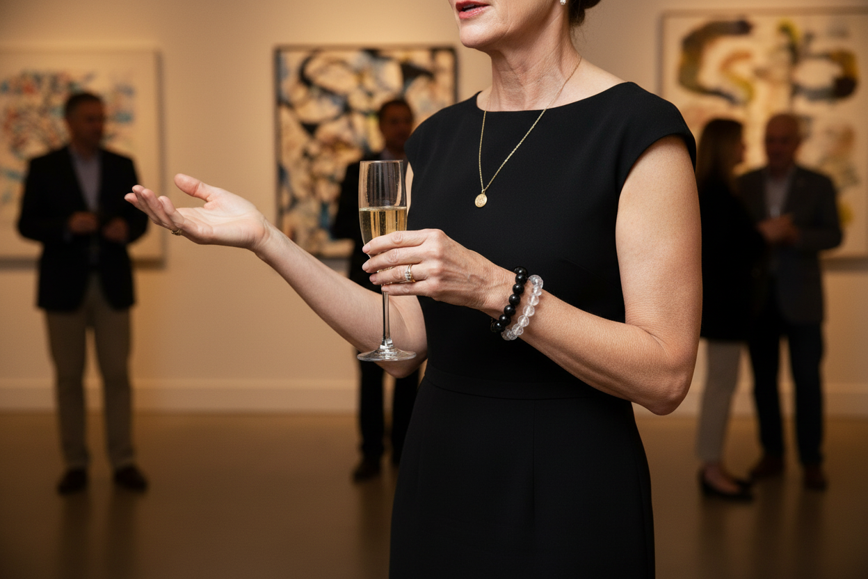 Black Onyx stacked with Clear Quartz - older white woman at gallery opening