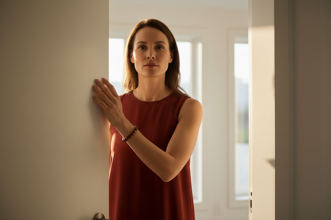 Woman at bright threshold one foot forward with calm fierce conviction wearing warm red-brown chatoyant Red Tiger&