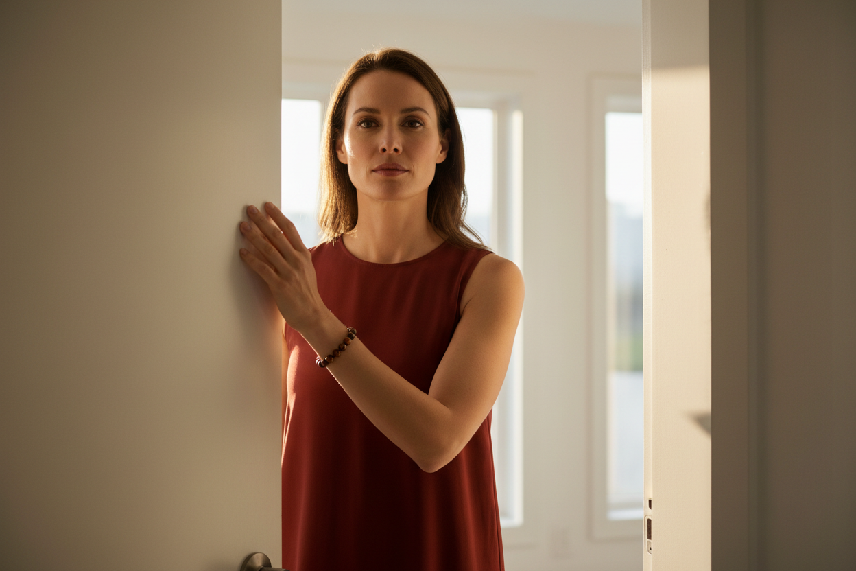 Woman at bright threshold one foot forward with calm fierce conviction wearing warm red-brown chatoyant Red Tiger's Eye bracelet
