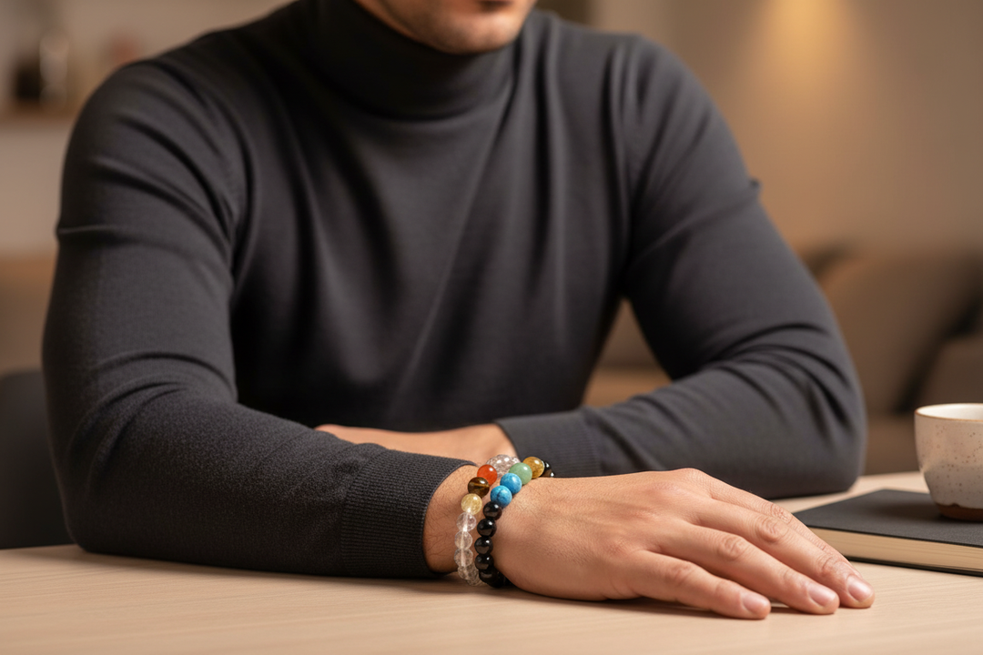 Black Onyx Chakra stacked with Clear Quartz - Middle Eastern man at home desk
