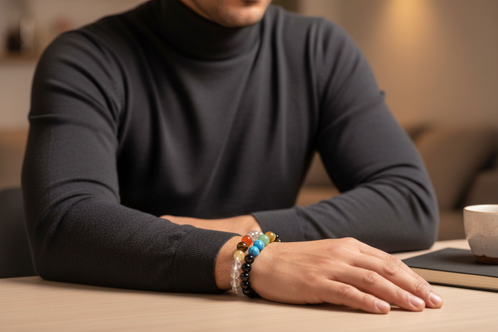 Black Onyx Chakra stacked with Clear Quartz - Middle Eastern man at home desk