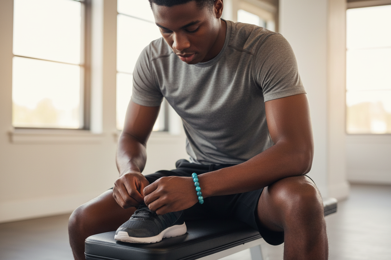 Apatite bracelet hero - young Black man lacing up sneakers at gym