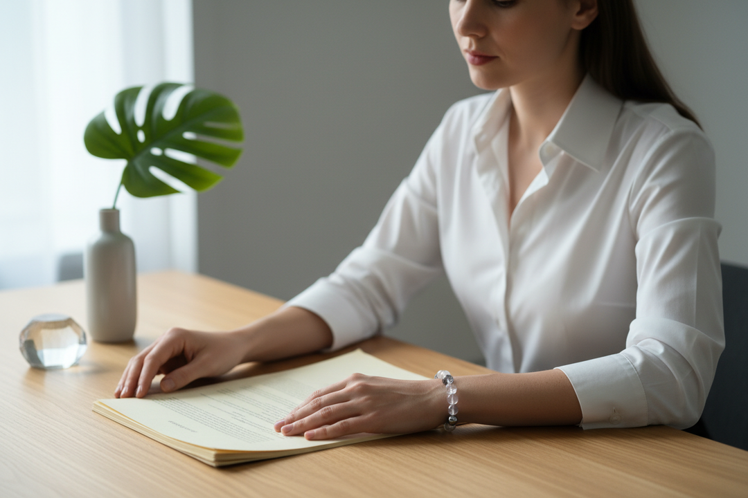 Woman at minimal desk reviewing documents wearing Clear Quartz and Hematite bracelet