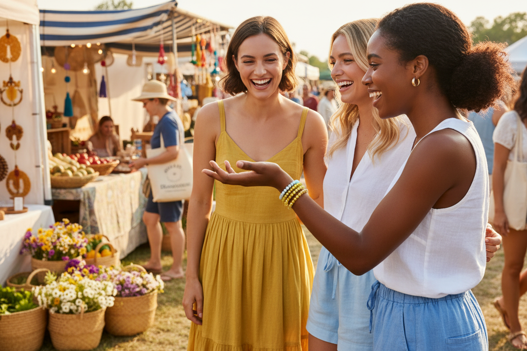 Three friends at outdoor market, Yellow Turquoise stacked with Citrine and Blue Lace Agate