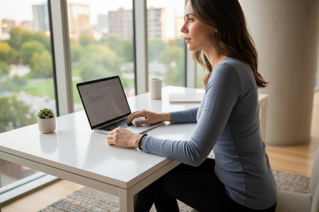 Woman at minimal desk wearing Shungite bracelet, warm window light
