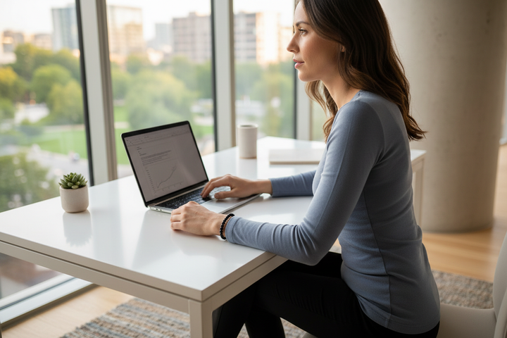 Woman at minimal desk wearing Shungite bracelet, warm window light