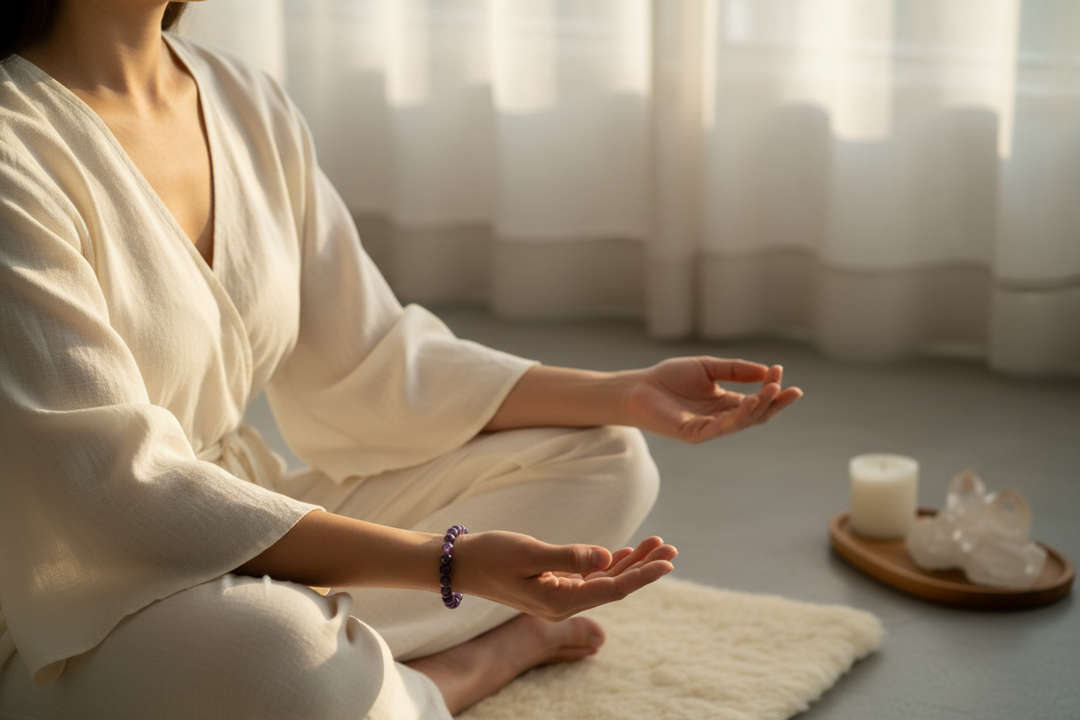 Woman in early morning meditation wearing Auralite 23 bracelet with multi-mineral inclusions