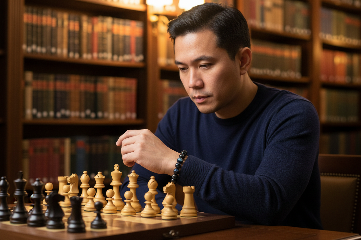 Blue Tiger Eye bracelet hero - Filipino man at chess board in library