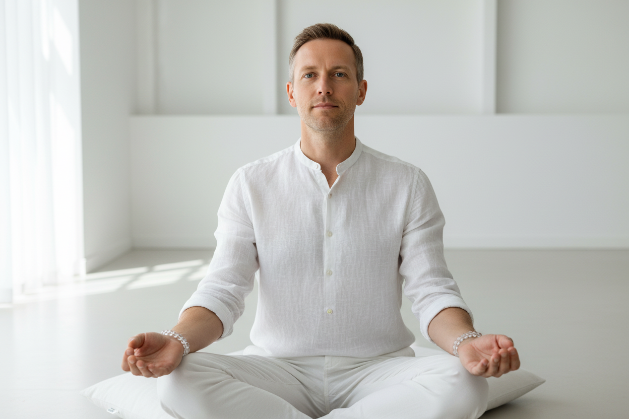 Clear Quartz bracelet hero - white man in bright minimalist meditation room, refined 6-8mm beads