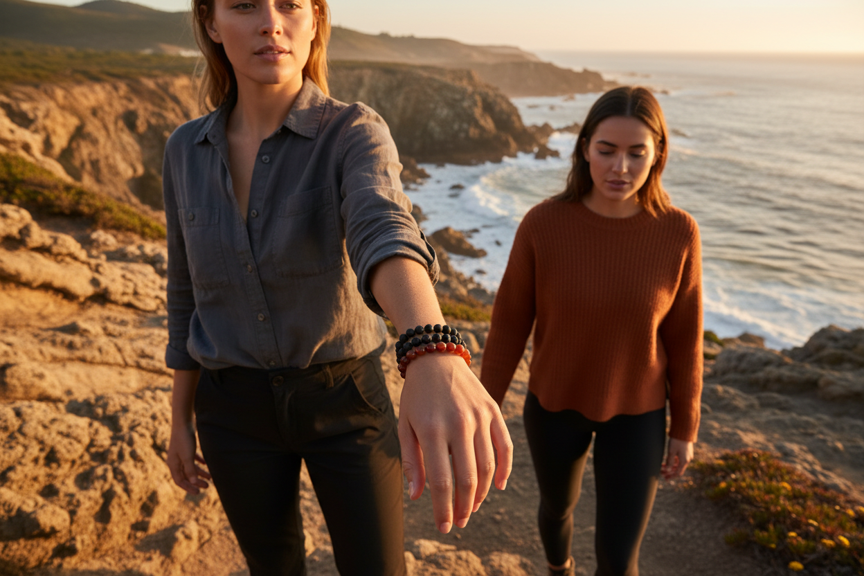 Two women on coastal trail at golden hour, Lava Stone stacked with Black Tourmaline and Carnelian