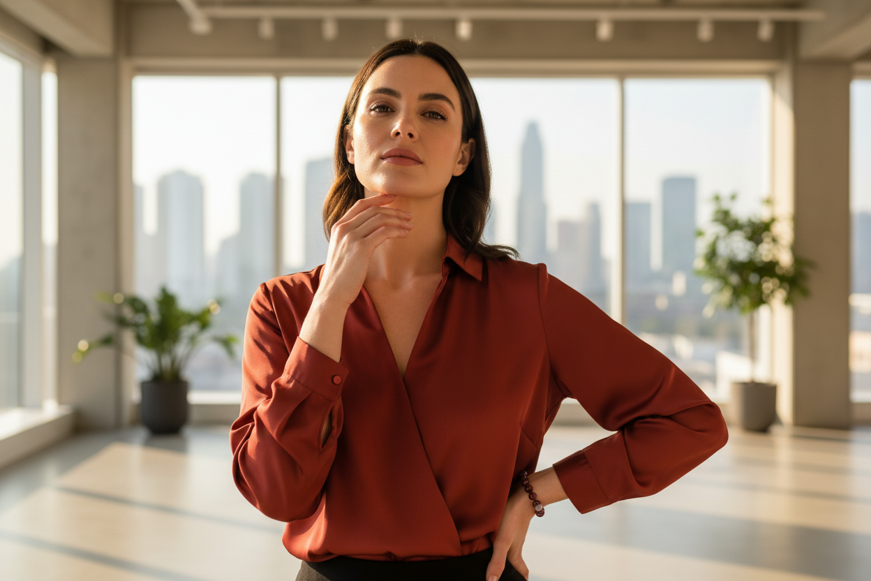 Woman standing with calm bold confidence wearing deep red Agate bracelet