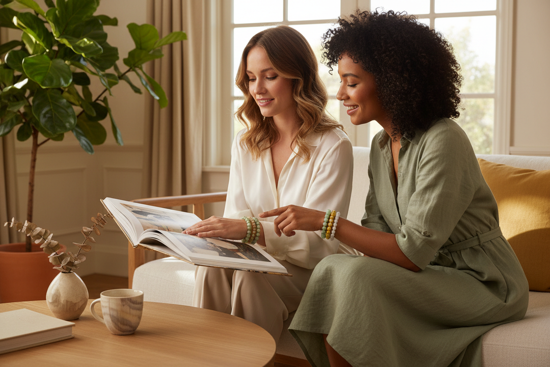 Two women in elegant living room with coffee table book, Jade with Gold Spacer stacked with Citrine and Green Aventurine
