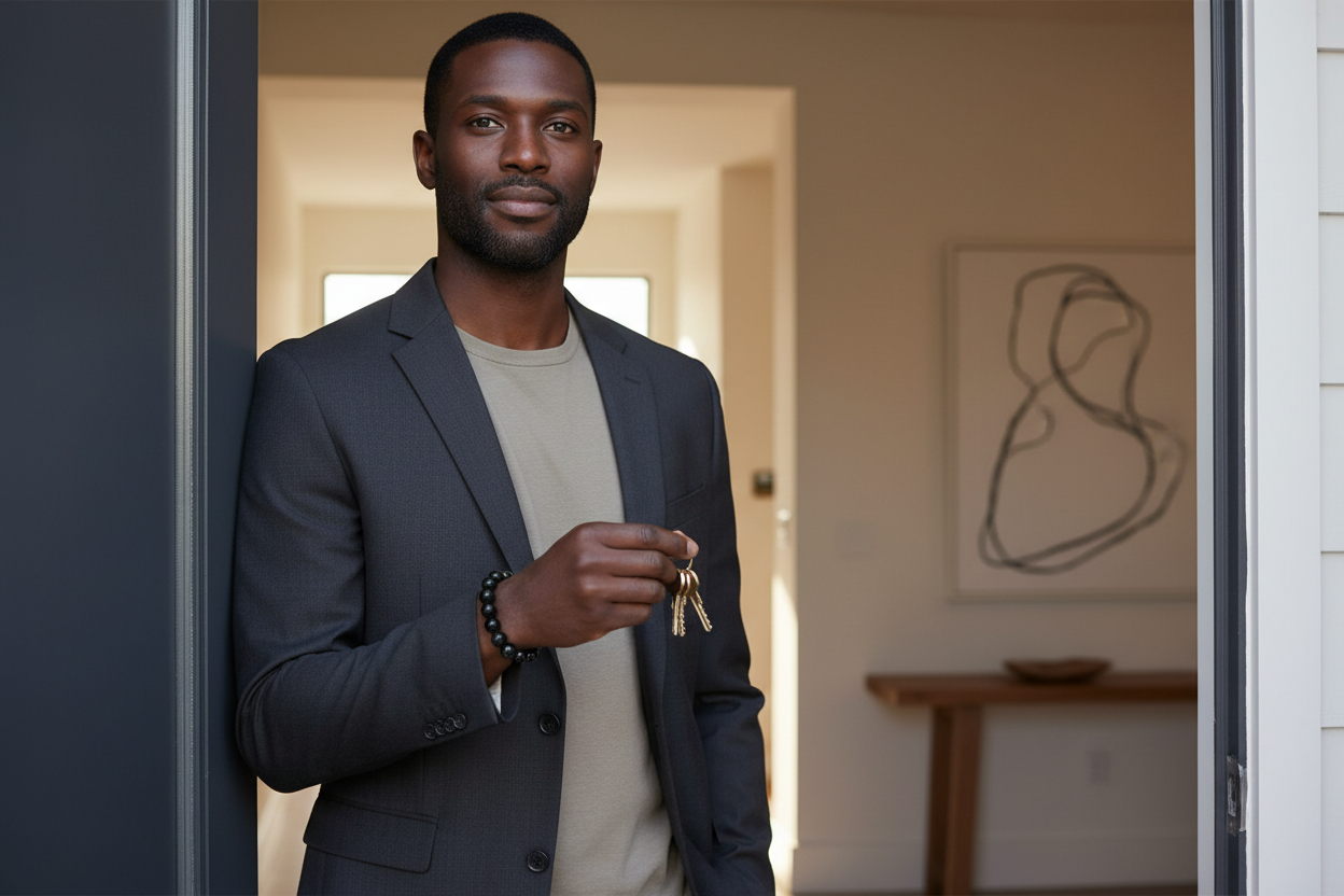 Black Tourmaline bracelet hero - tall Black man at home entryway, calm and grounded