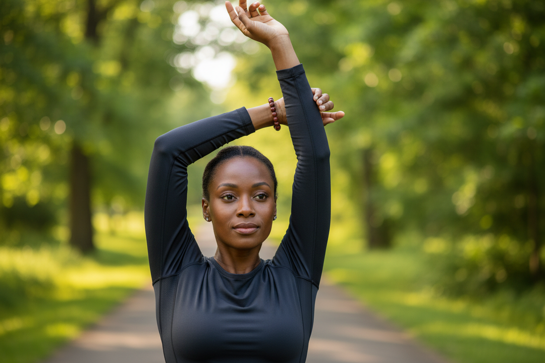Black woman on early morning run stretching with calm powerful vitality wearing deep earthy red Jasper bracelet