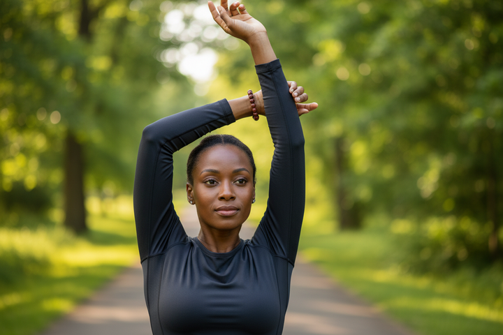 Black woman on early morning run stretching with calm powerful vitality wearing deep earthy red Jasper bracelet