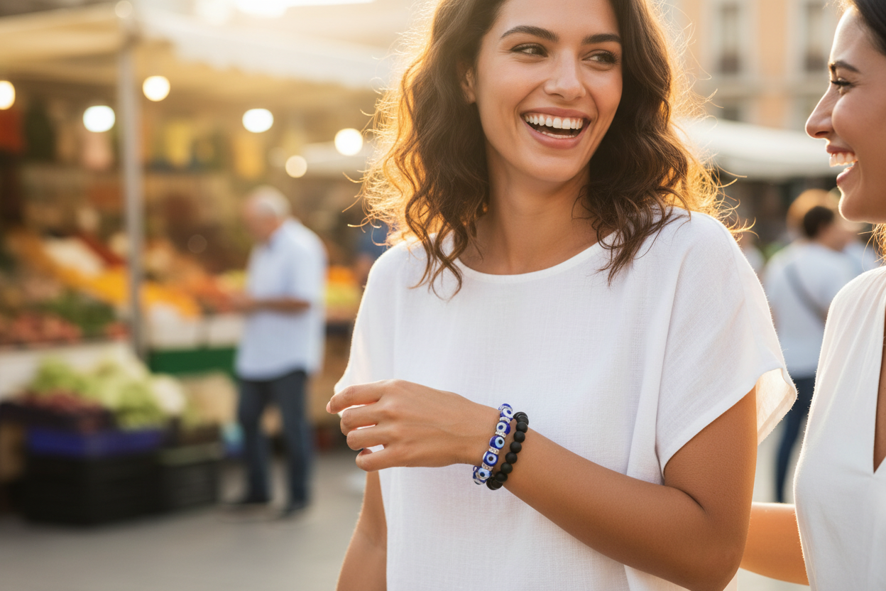 Evil Eye stacked with Black Tourmaline - Mediterranean woman at outdoor market