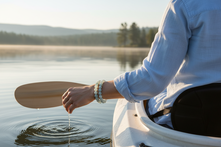 Aquamarine stacked with Chalcedony - white woman kayaking on calm lake