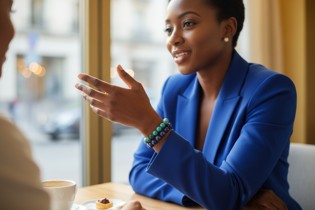 Chrysocolla stacked with Lapis Lazuli - Nigerian woman in engaged café conversation