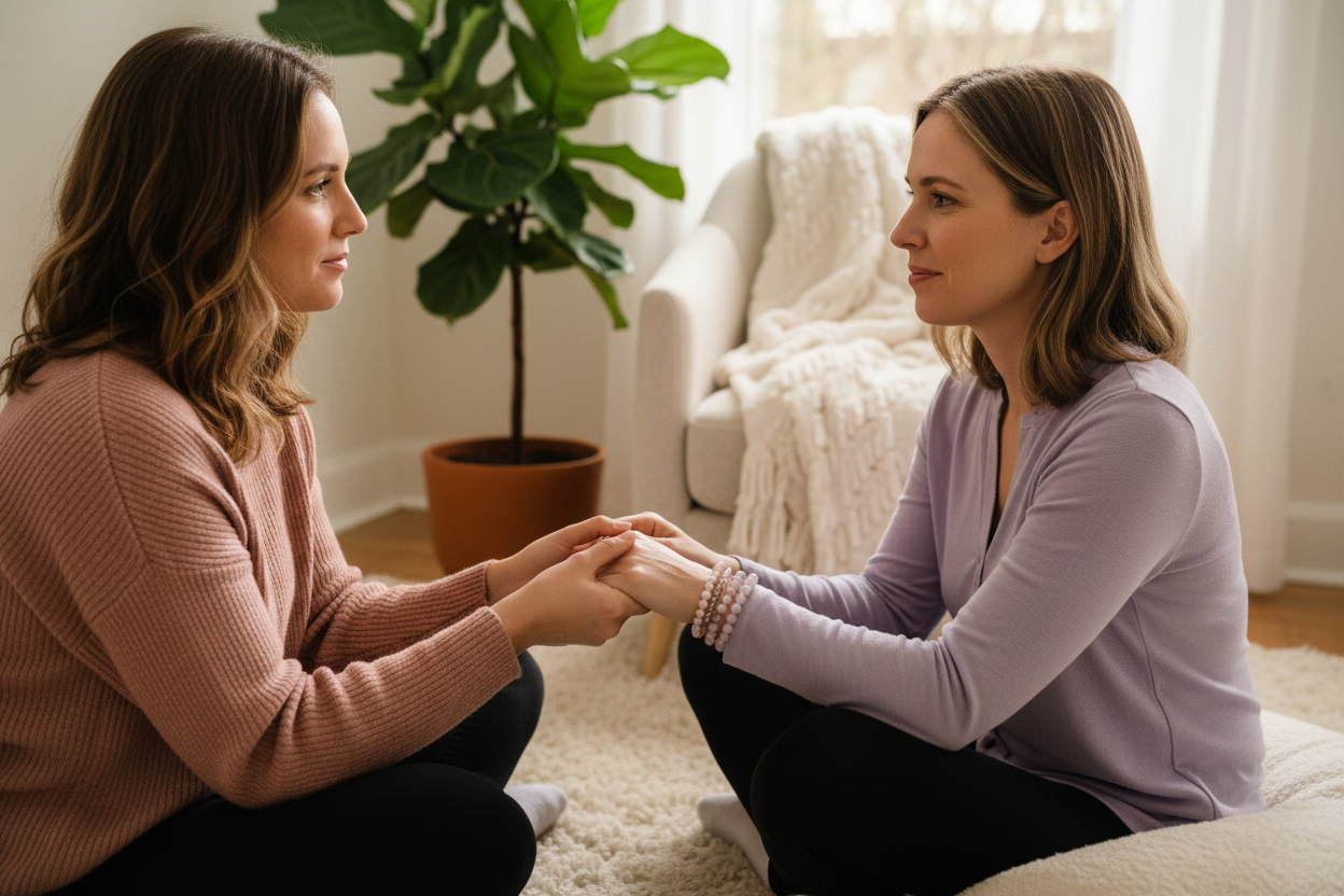 Two women in tender moment of empathy, Rhodonite stacked with Rose Quartz and Lepidolite