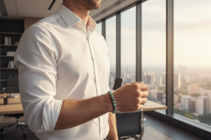 Aventurine &amp; Hematite bracelet hero - white man in modern office at city window