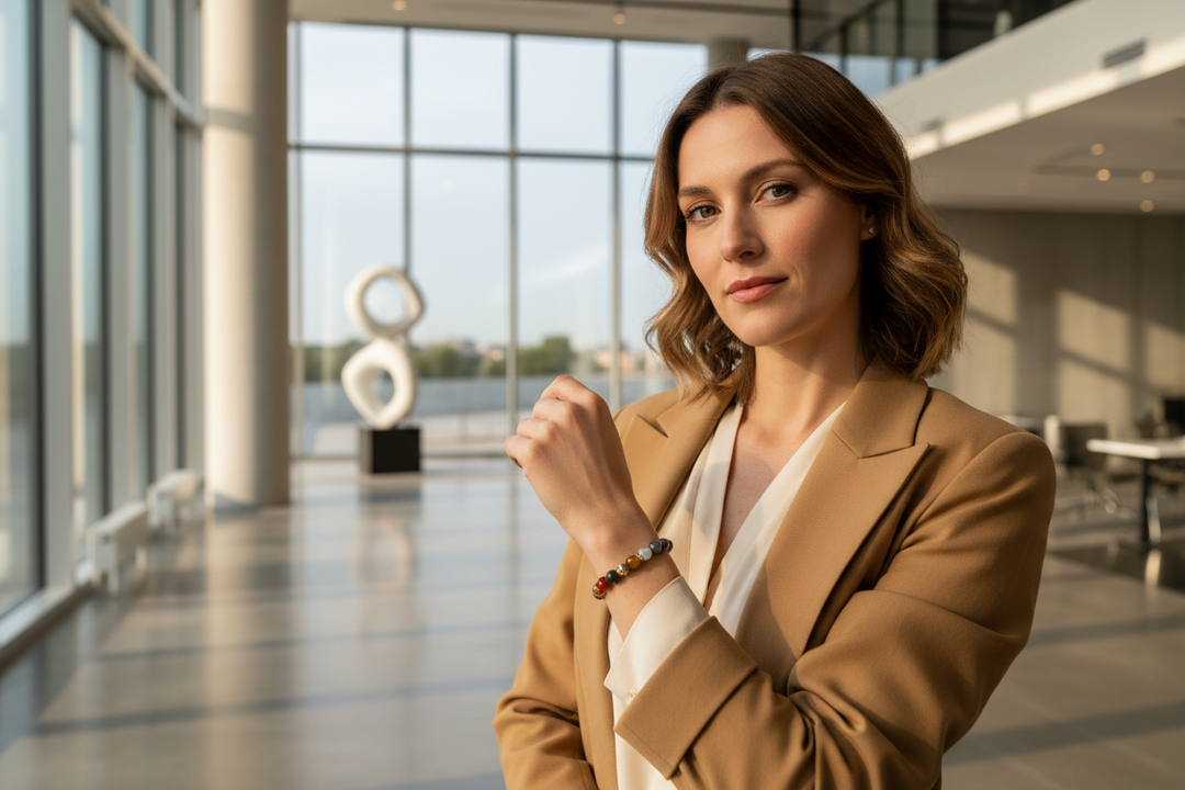 Woman standing with calm confident authority wearing Tiger Eye Chakra bracelet with rainbow beads